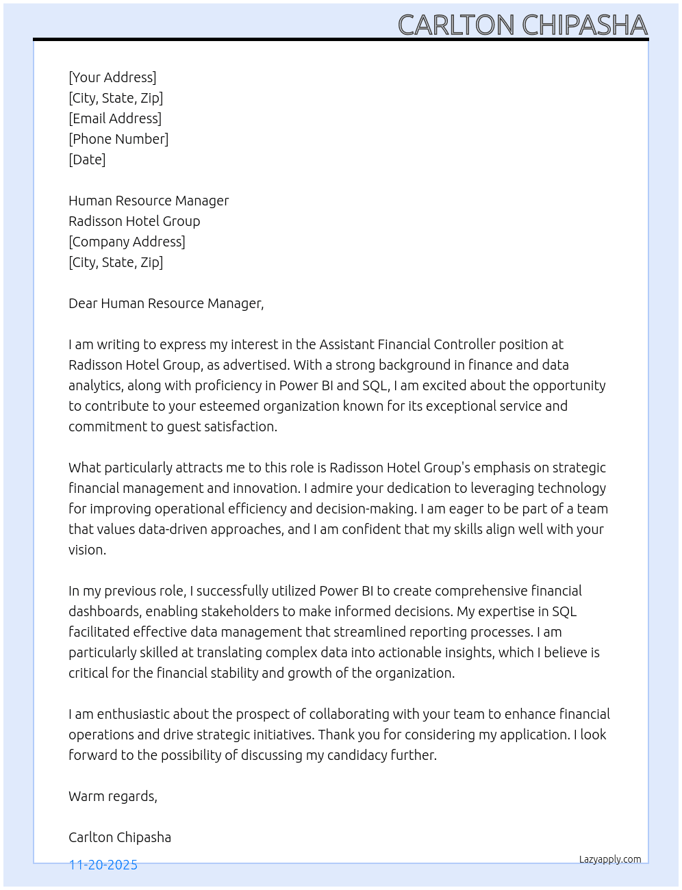 Assistant Financial Controller At Radisson Hotel Group Cover Letter