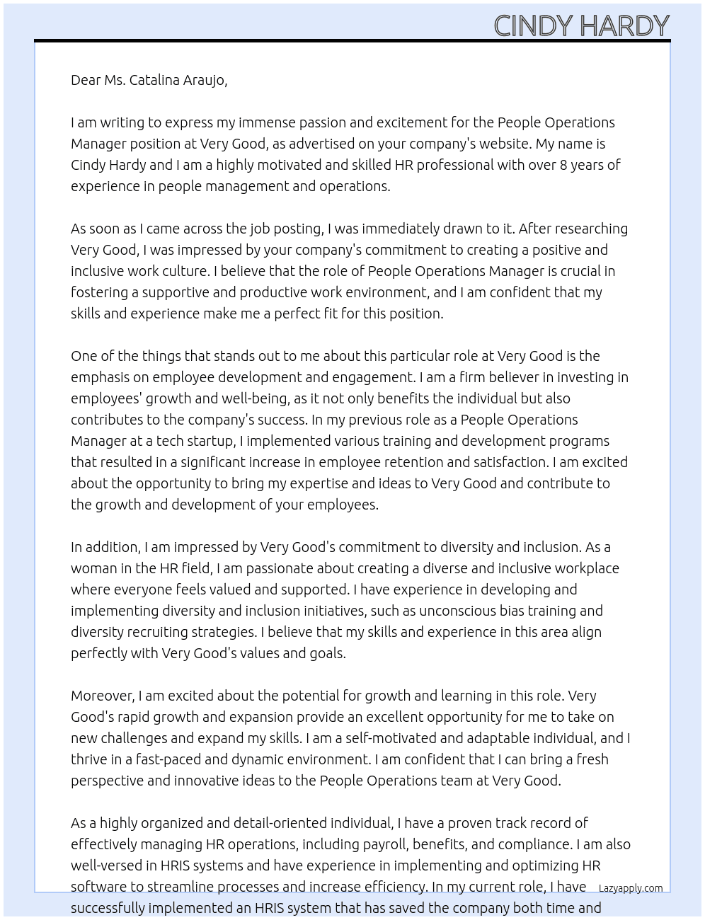 People operations Manager At Very Good Cover Letter