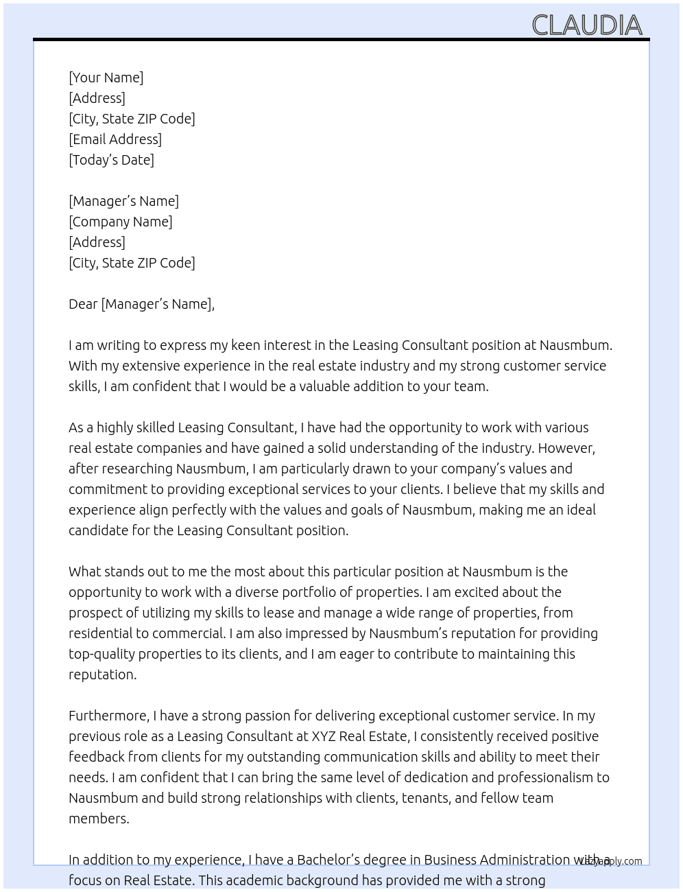 Leasing Consultant  At Nausmbum Cover Letter