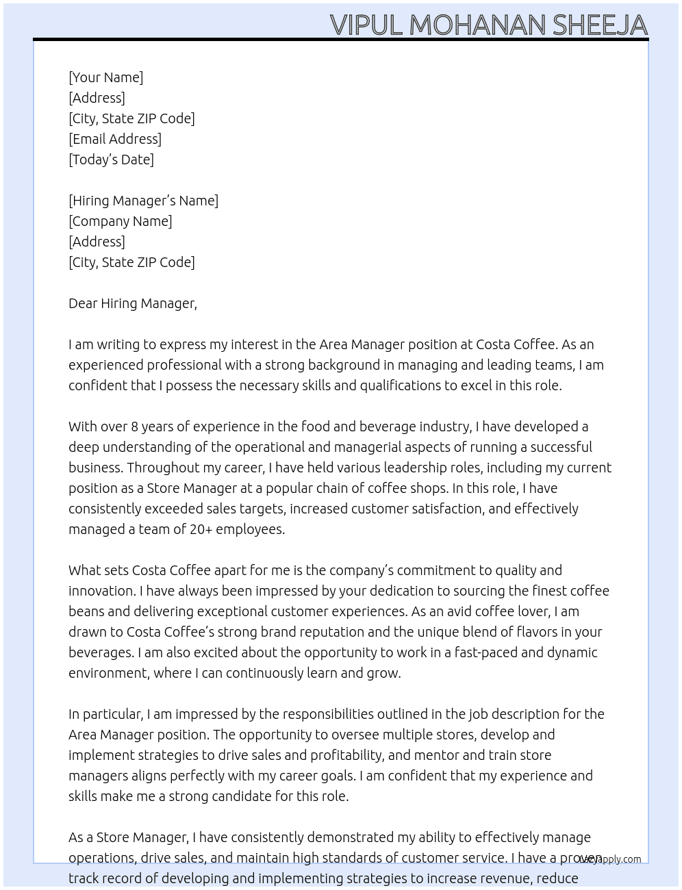 Area Manager At Costa Coffe Cover Letter