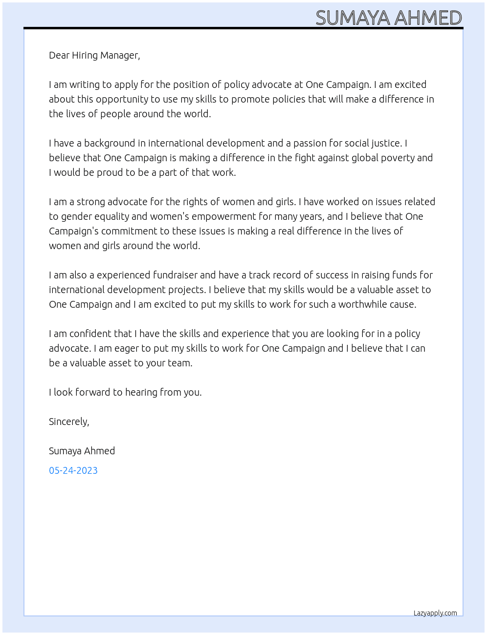 policy advocate At One Campaign Cover Letter