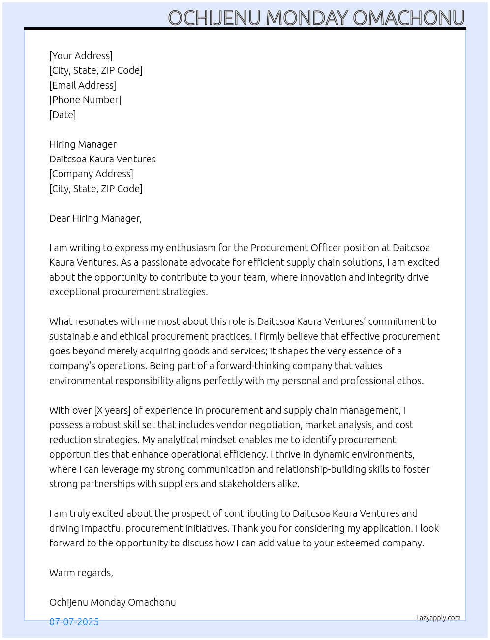 PROCUREMENT OFFICER At Daitcsoa Kaura Ventures Cover Letter