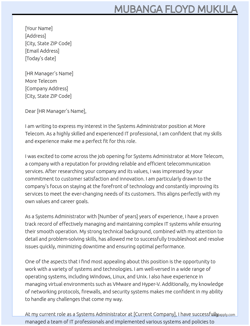 Systems Administrator At More Telecom Cover Letter