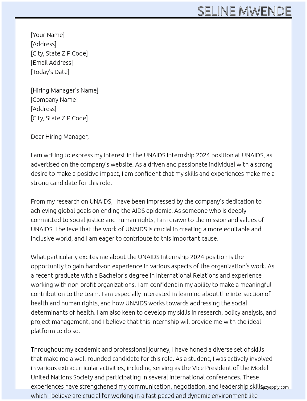 UNAIDS INTERNSHIP 2024 At UNAIDs Cover Letter