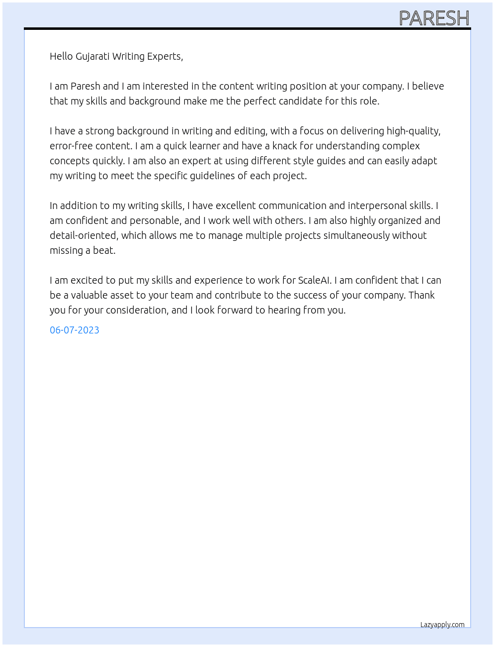 Content Writing At scaleai Cover Letter