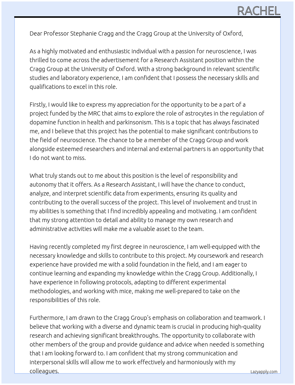 Research Assistant At Cragg Group Cover Letter