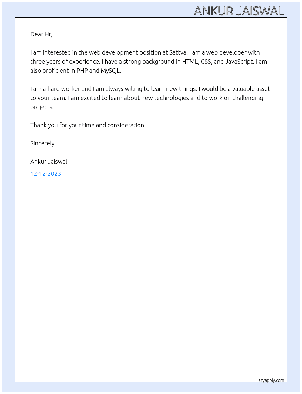 Web development  At Sattva Cover Letter