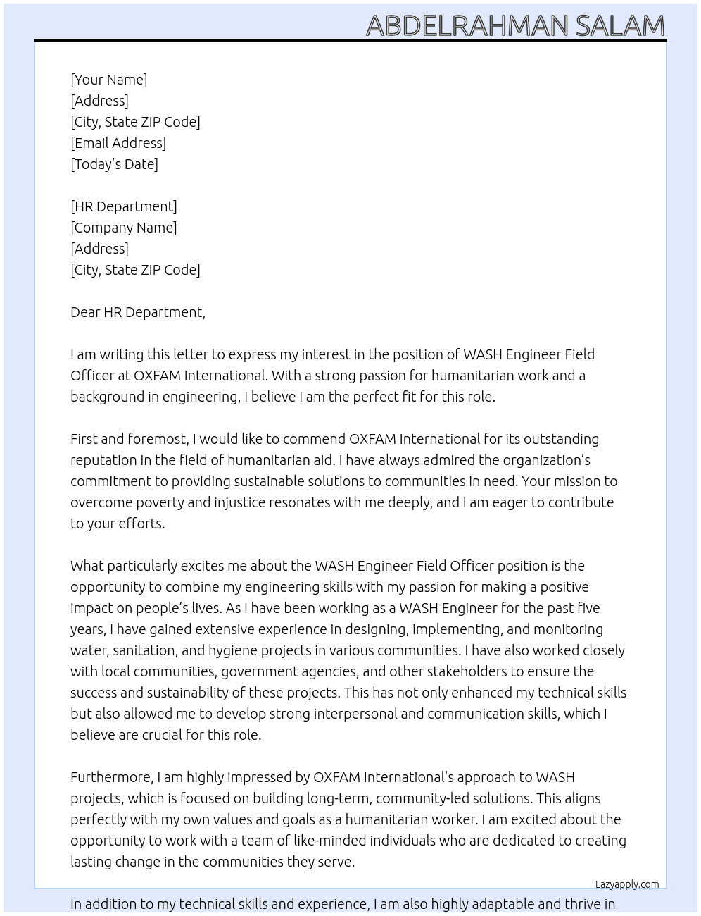 WASH Engineer Field Officer At OXFAM International  Cover Letter