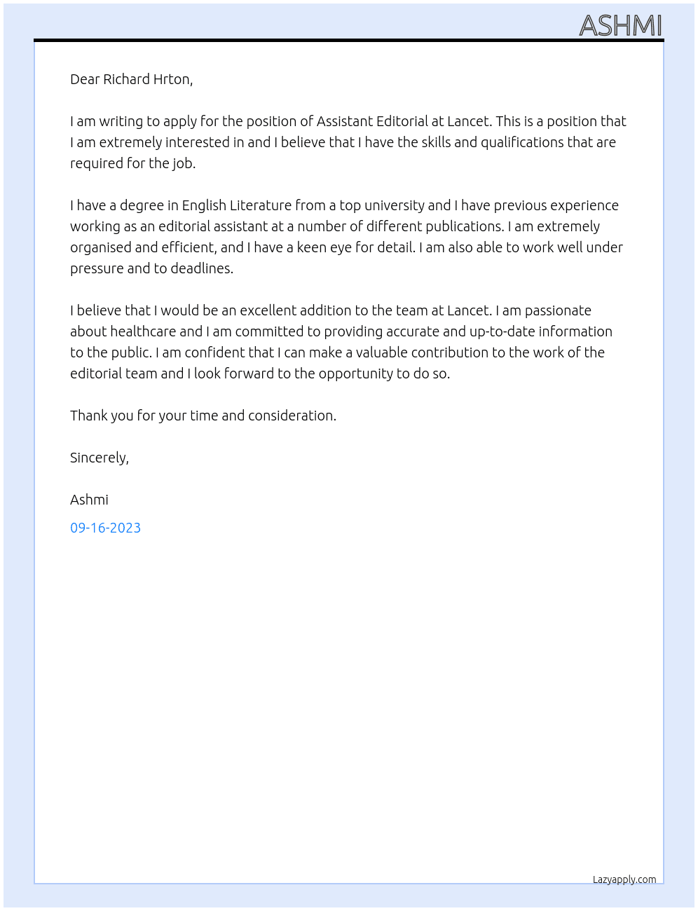 Assistant Editorial At Lancet Cover Letter