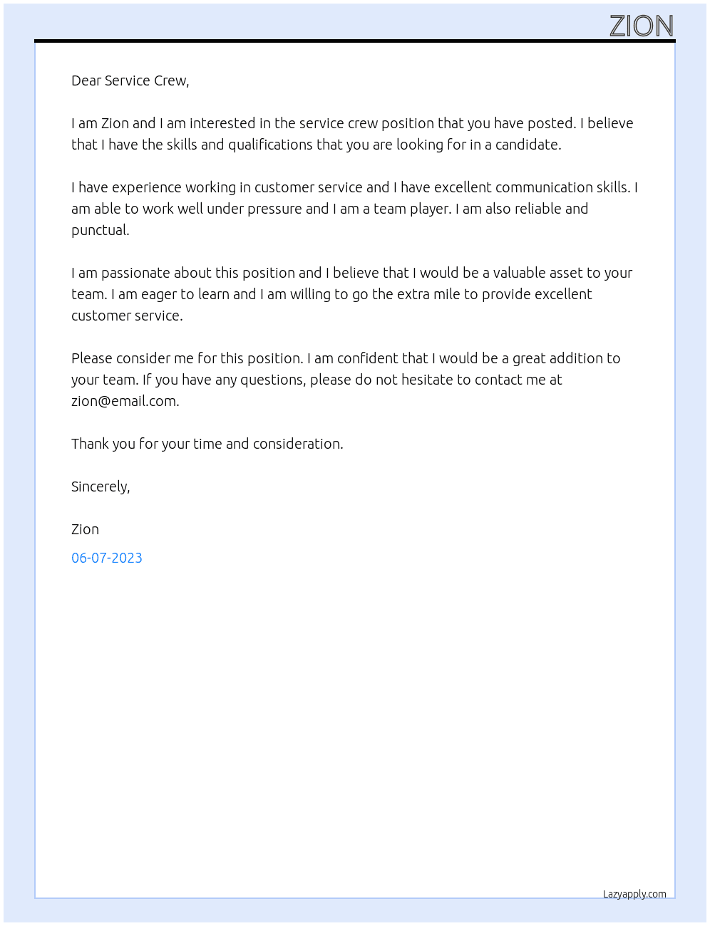Service Crew At Service Crew  Cover Letter