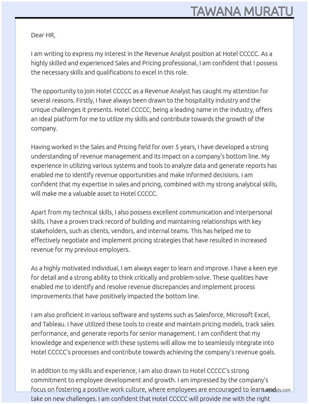 Revenue Analyst At Hotel CCCCC Cover Letter