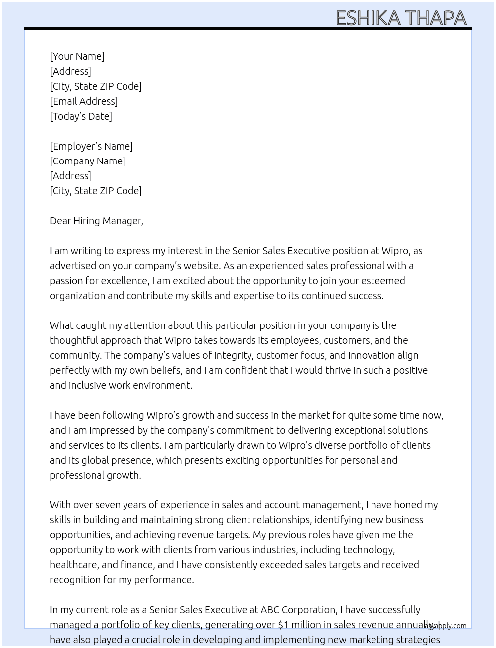 Senior Sales Executive  At Wipro Cover Letter