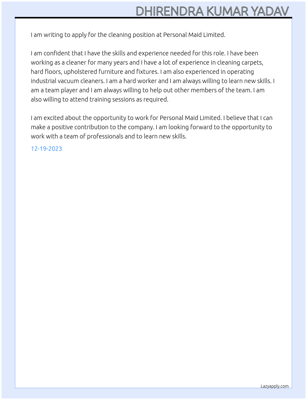 cleaning At Personal Maid Limited Cover Letter