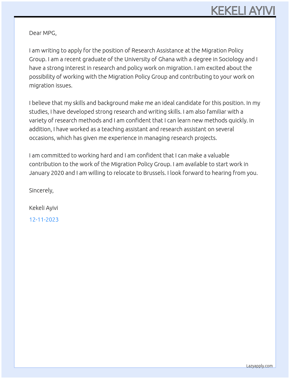 Research Assistance  At Migration Policy Group Cover Letter