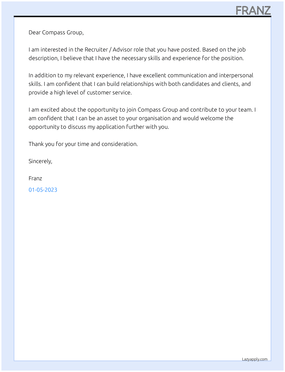 Cover letter for recruiter / advisor - LazyApply