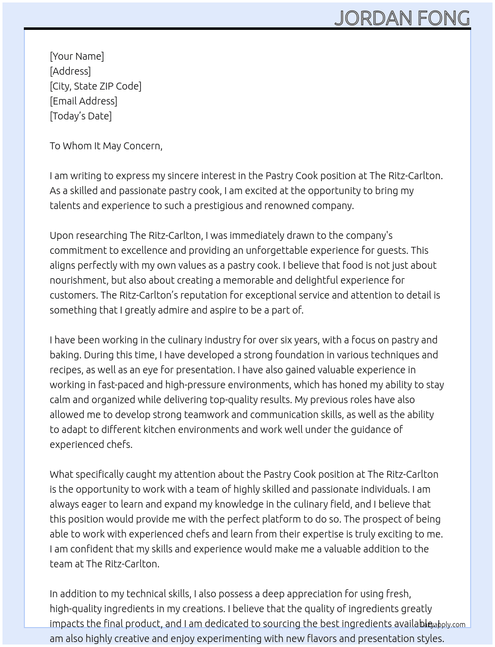 Pastry Cook  At The Ritz-Carlton Cover Letter