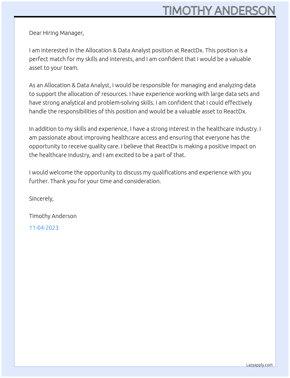 Allocation & Data Analyst At ReactDx Cover Letter