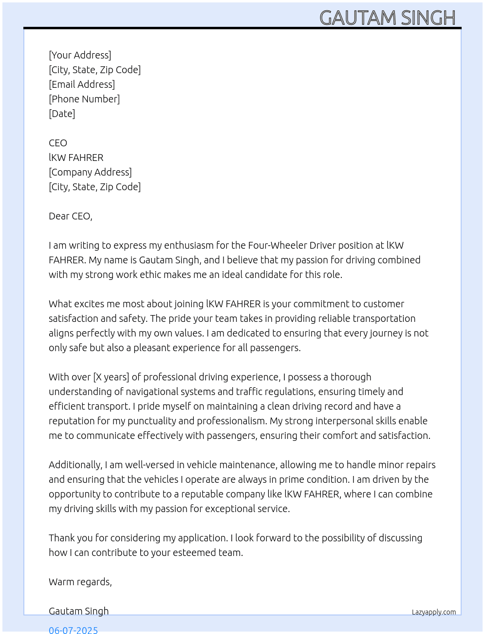 Four wheeler driver At lKW FAHRER Cover Letter