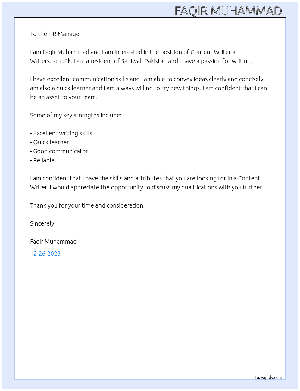 Content Writer  At Writers.com.Pk Cover Letter