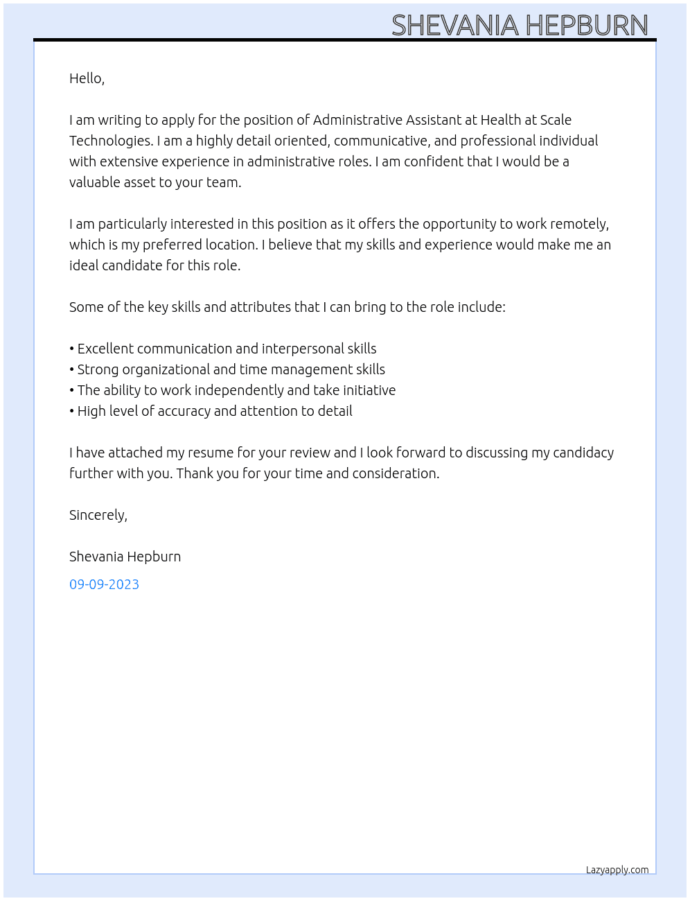 Administrative Assistant  At Health at SCALE Technologies  Cover Letter