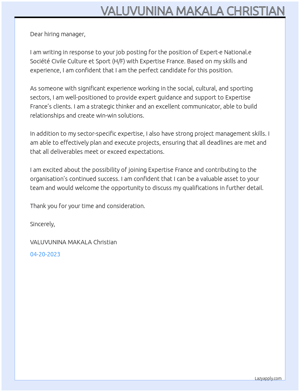 Expert·e National.e Société Civile Culture et Sport (H/F) At Expertise France Cover Letter