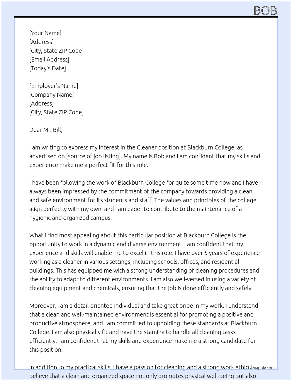 Cleaner At Blackburn college Cover Letter