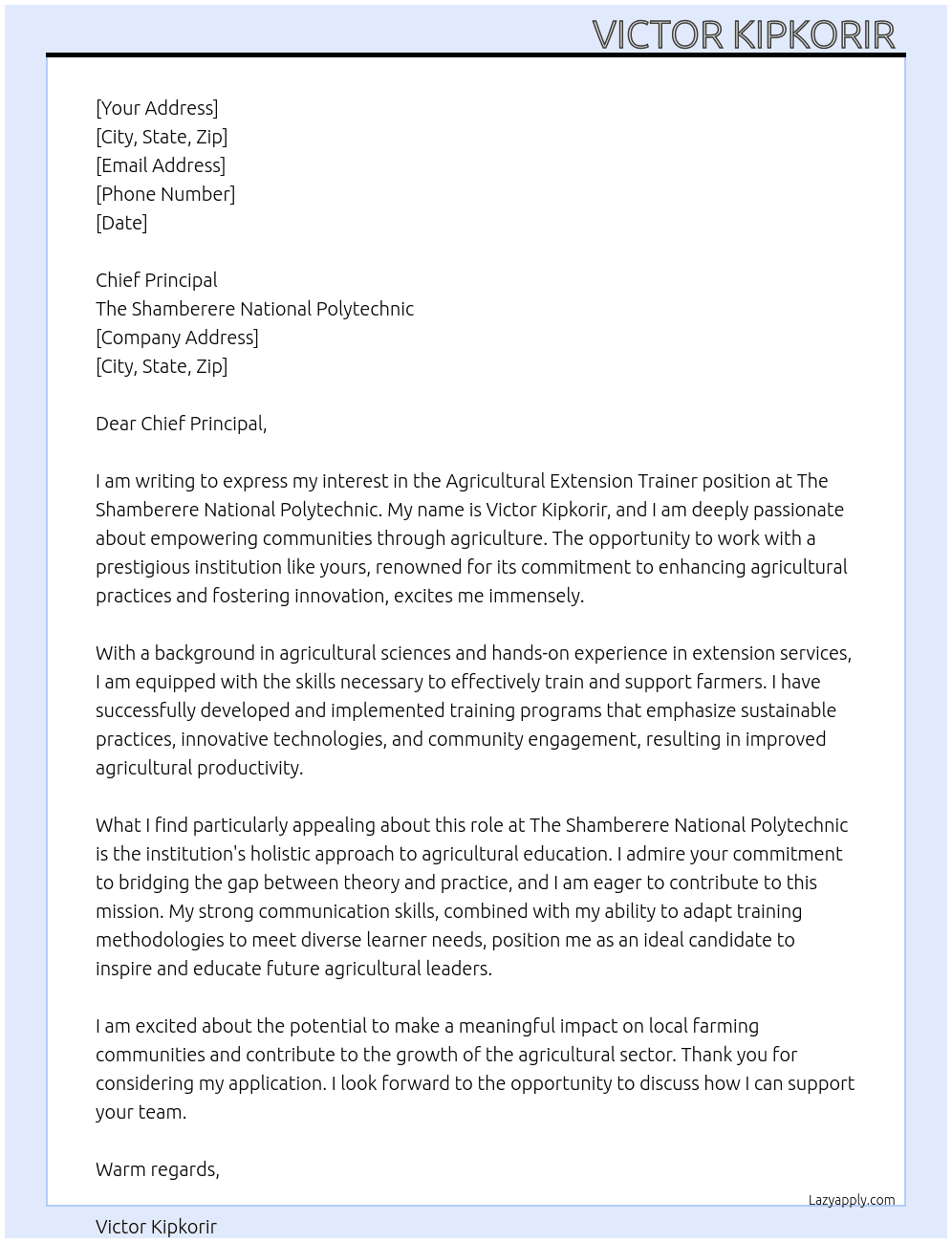 Agricultural extension trainer At The Shamberere National polytechnic  Cover Letter