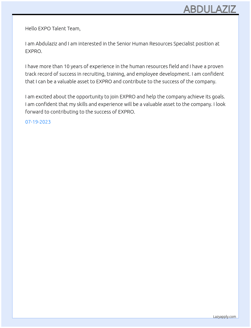 Senior Human Resources Specialist At EXPRO Cover Letter