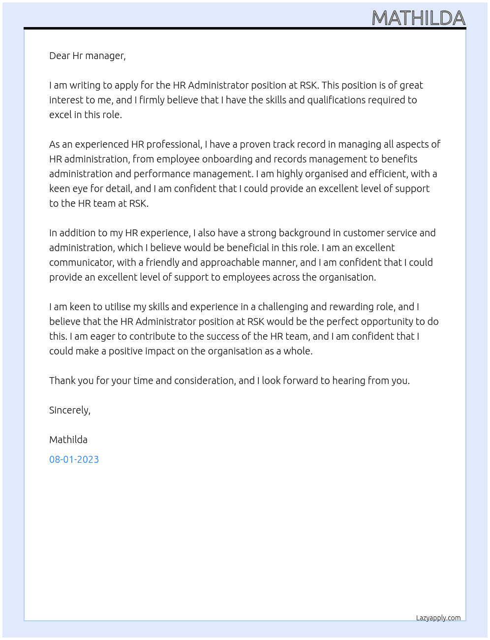 HR Administrator At RSK Cover Letter