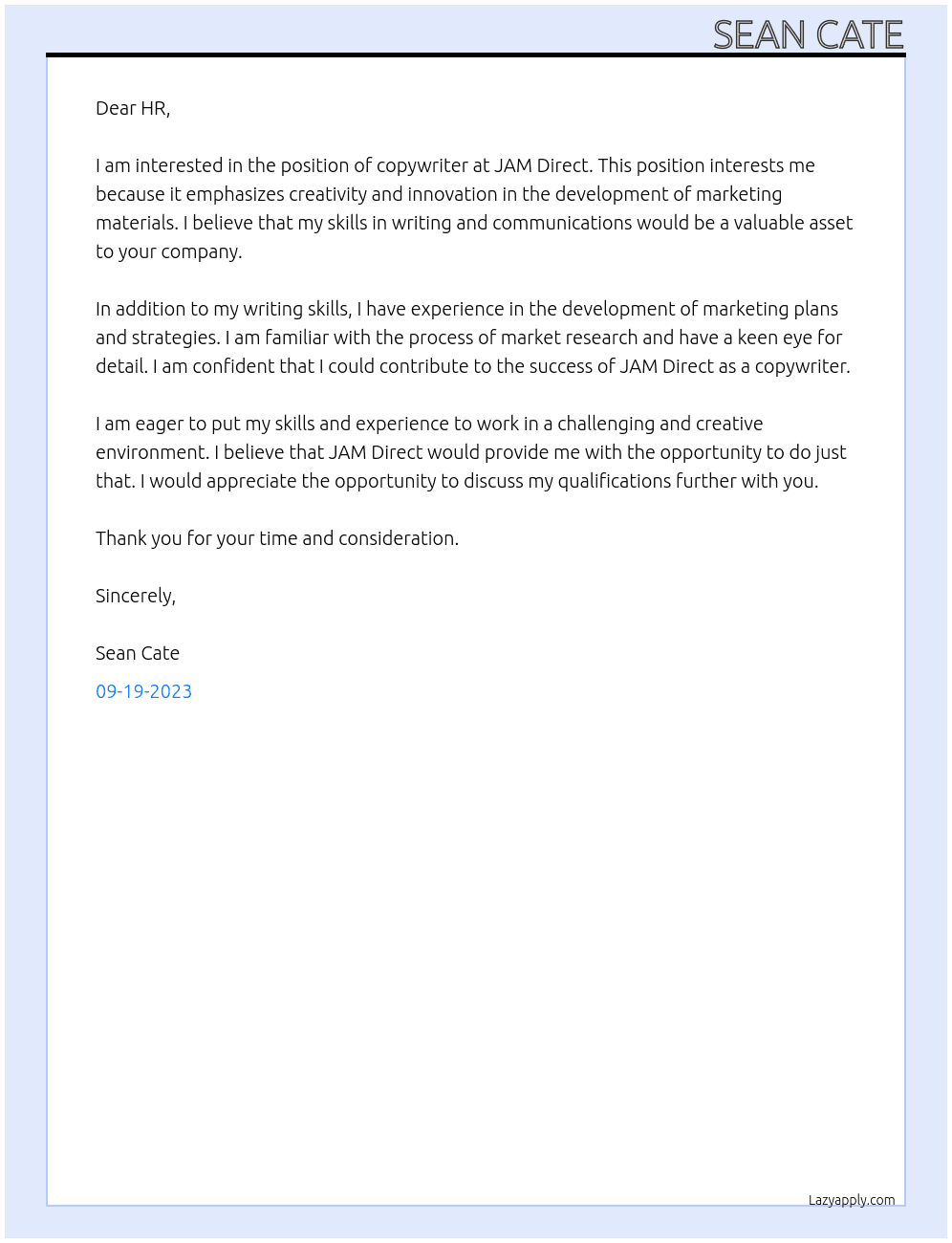 Copywriter At JAM Direct Cover Letter