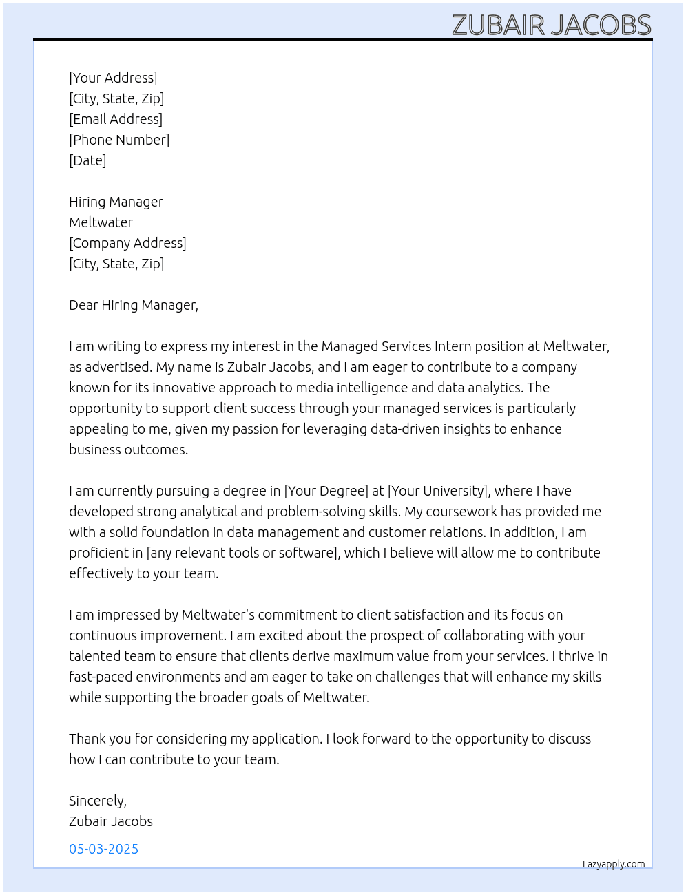 Managed services intern At Meltwater Cover Letter