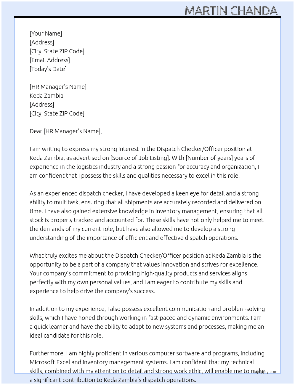 Dispatch checker/ officer At Keda Zambia  Cover Letter
