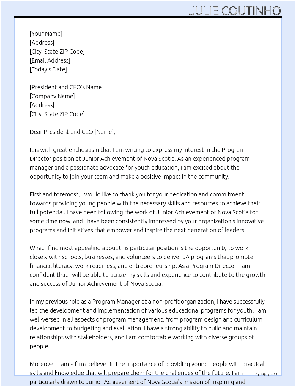 Program Director At Junior Achievement of Nova Scotia Cover Letter
