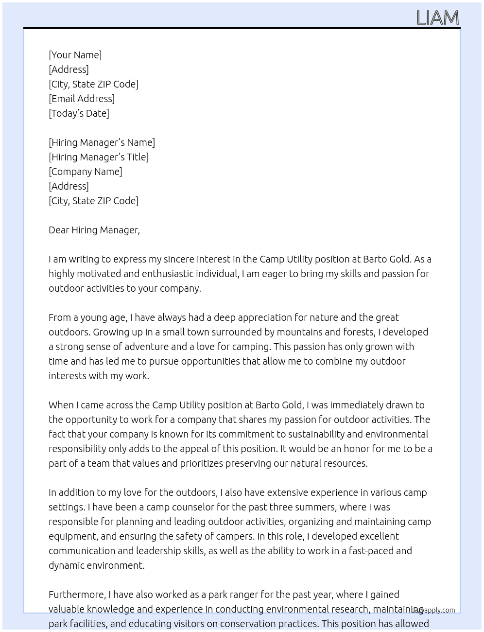 Camp Utility At Barto Gold Cover Letter