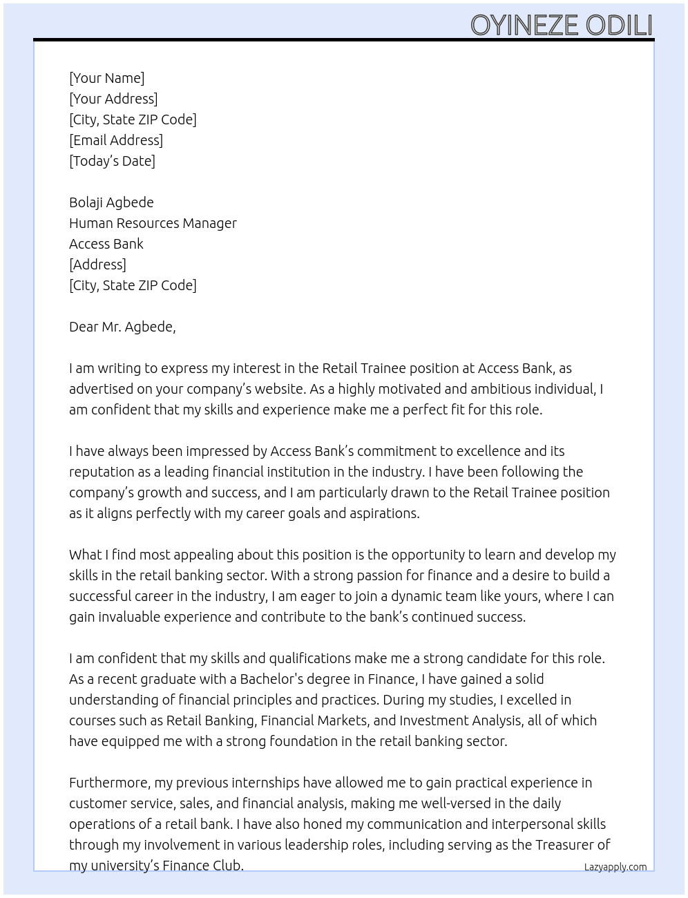 Retail trainee At Access Bank Cover Letter