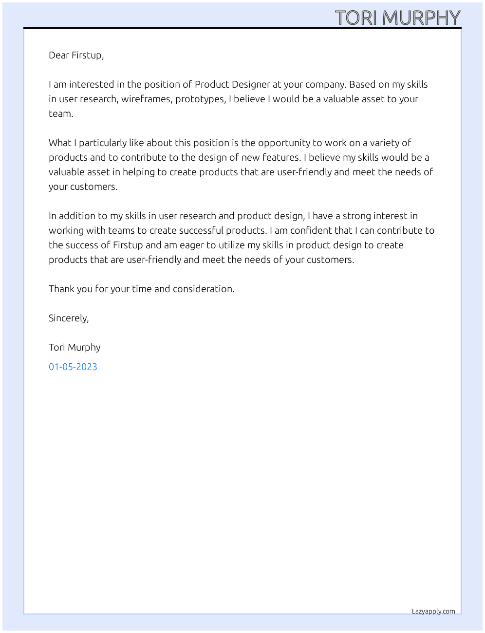 Product Designer At Firstup Cover Letter