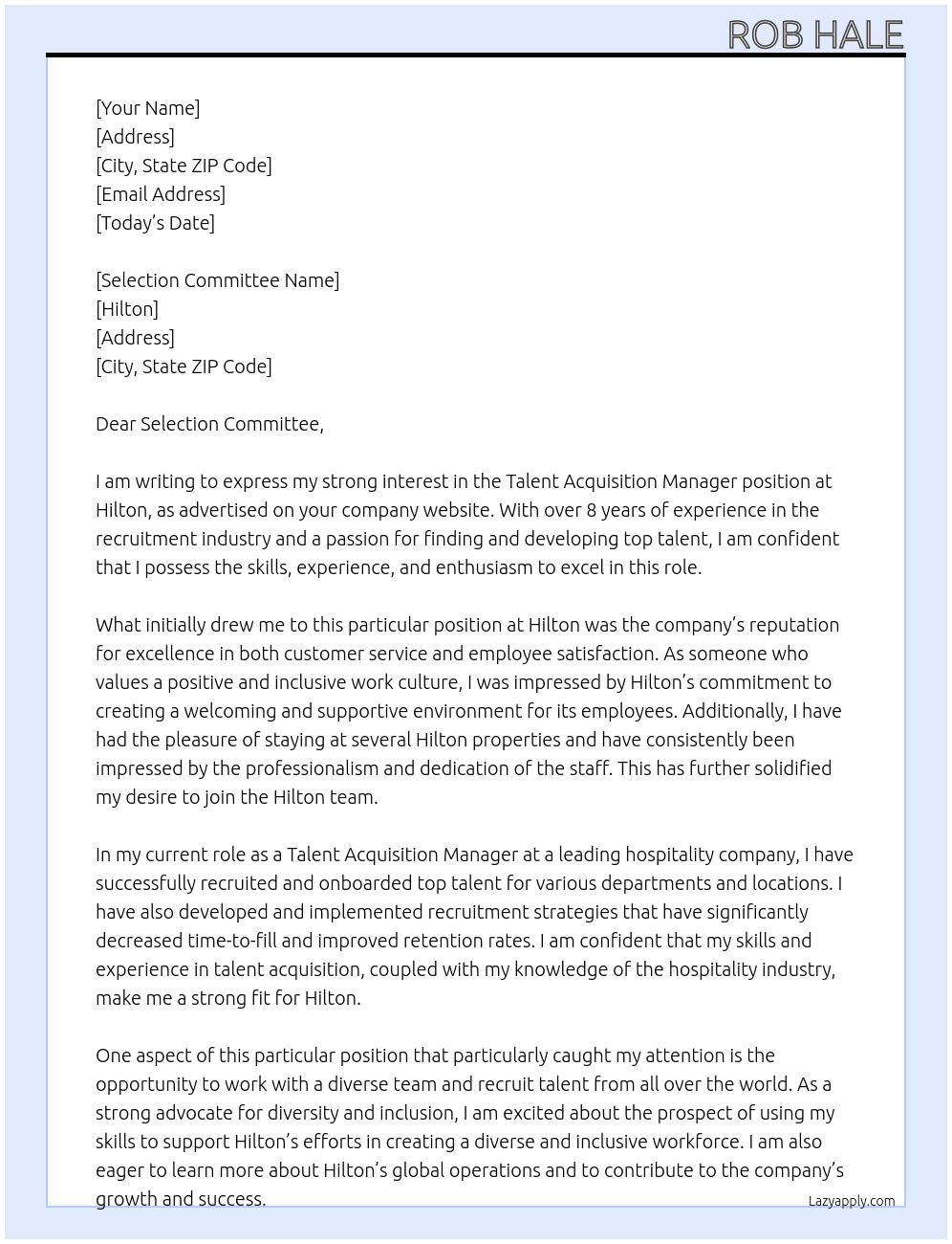 Talent Acquisition Manager At Hilton Cover Letter