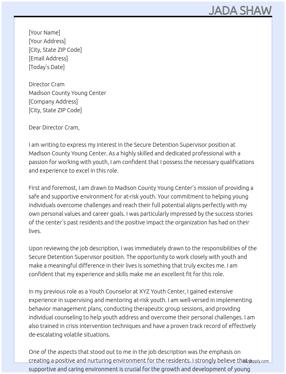 Secure Detention Supervisor At Madision County Young Center Cover Letter