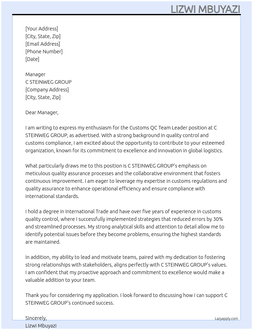 Customs QC Team Leader At C STEINWEG GROUP Cover Letter