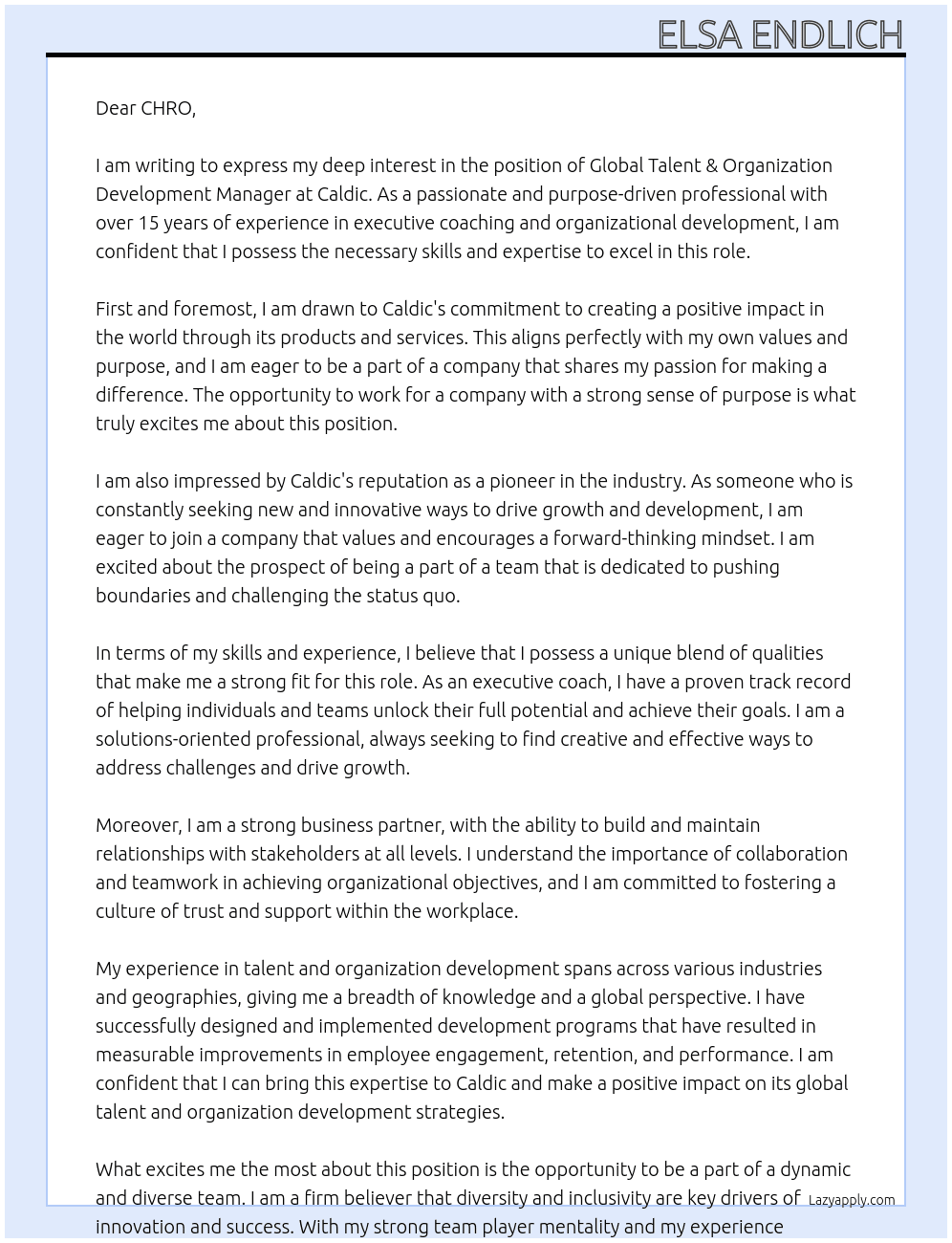 Global Talent & Organization Development Manager At Caldic Cover Letter