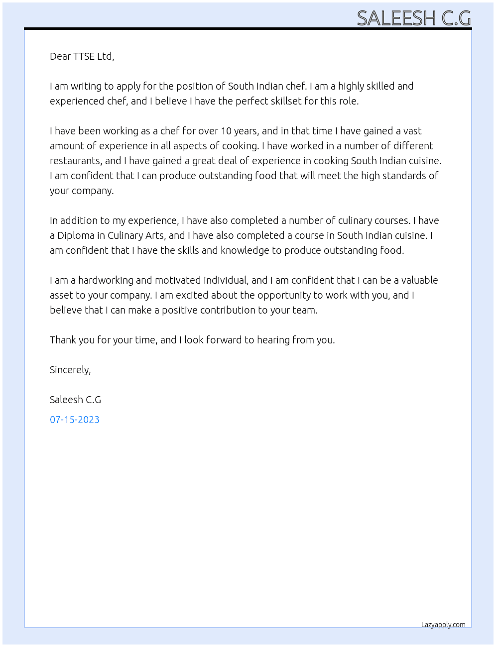 South Indian chef At TTSE Ltd Cover Letter