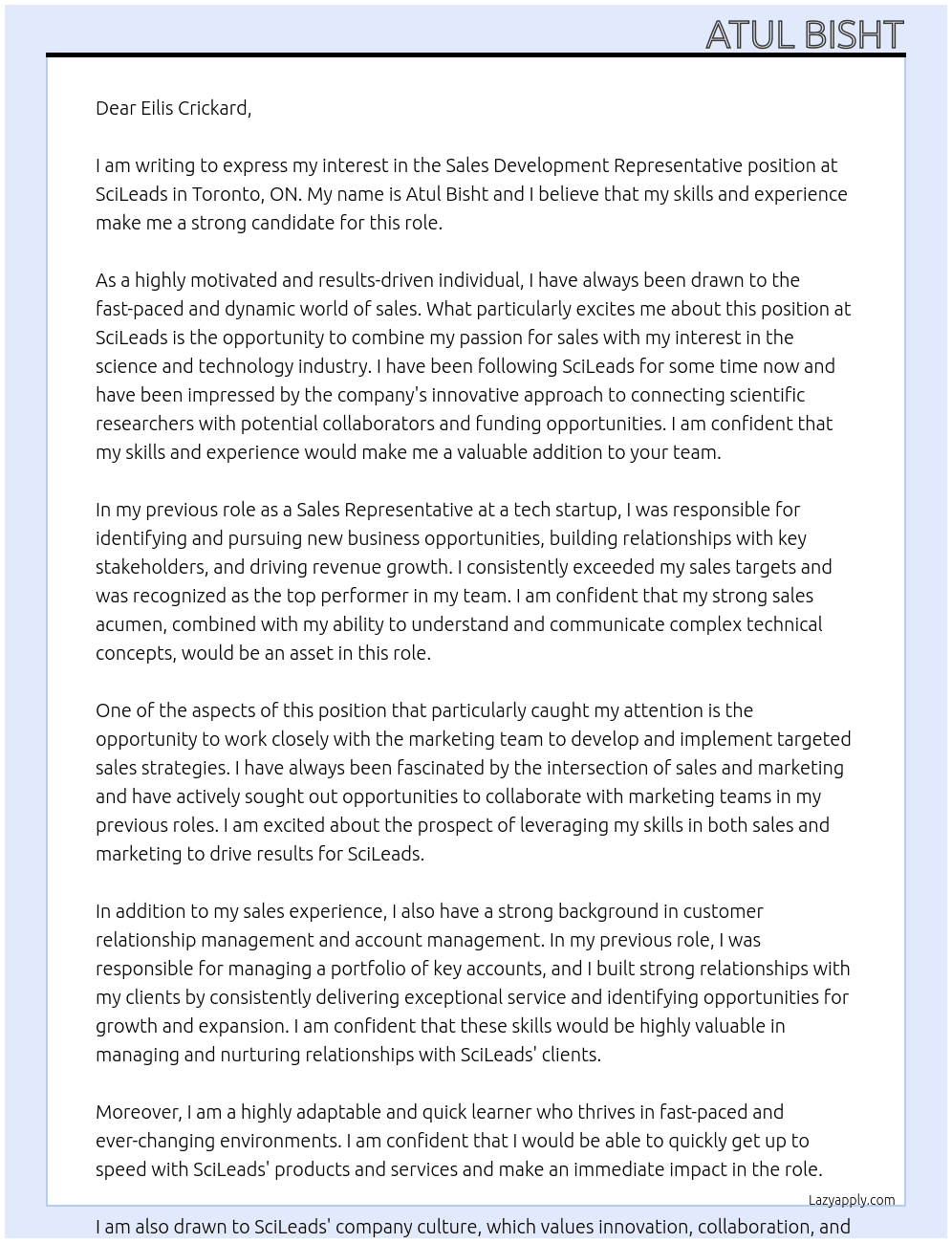 Sales development Representative At SciLeads · Toronto, ON Cover Letter