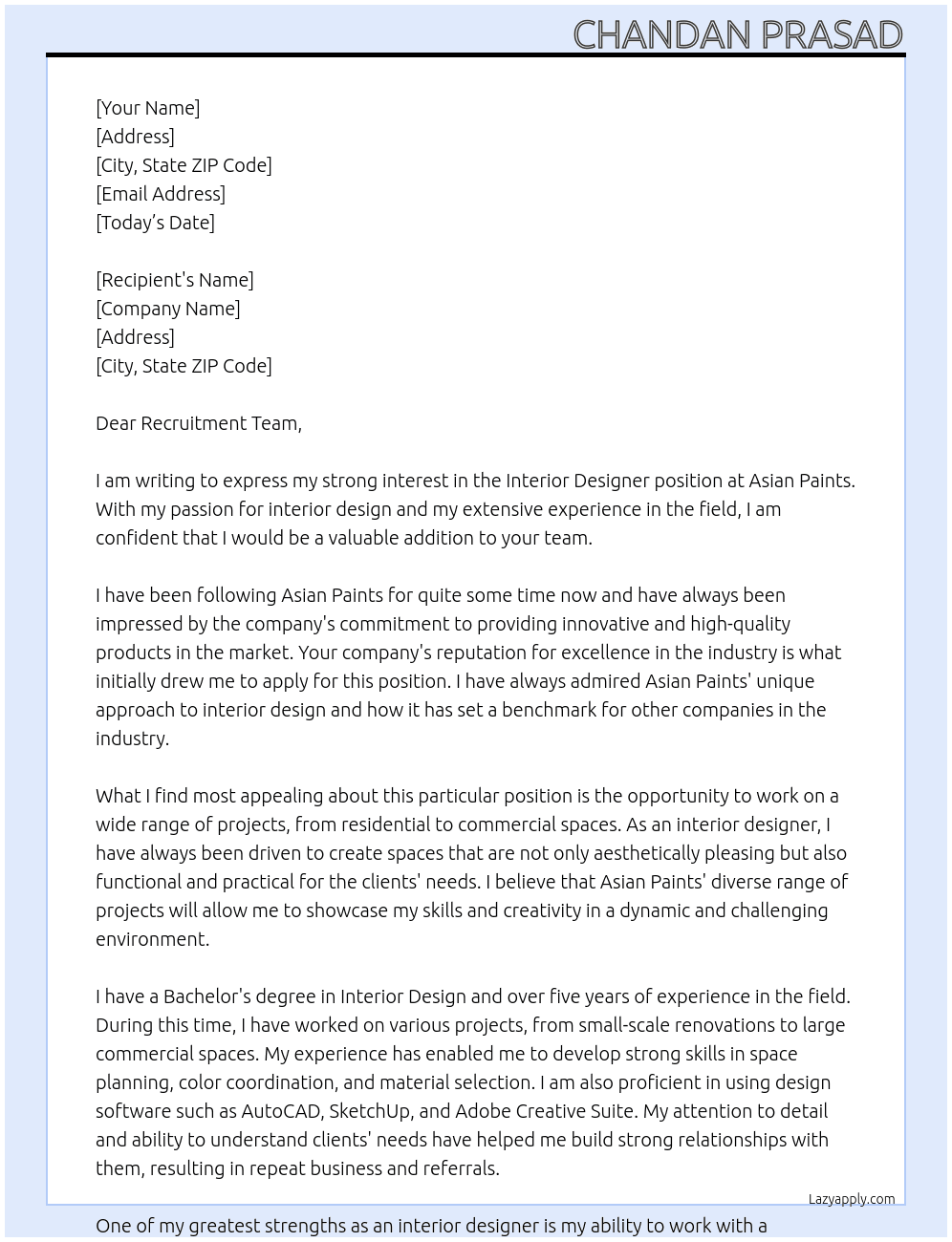 interior designer  At Asian Paints Cover Letter