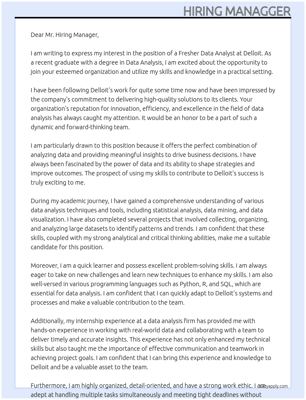 fresher data anylist At delloit Cover Letter