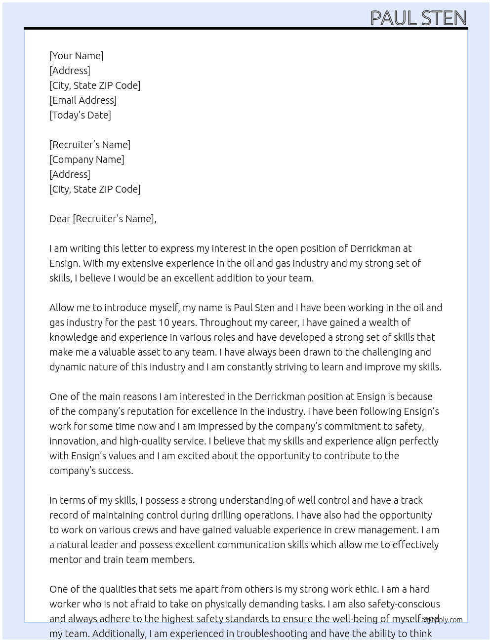 Derrickman At Ensign Cover Letter