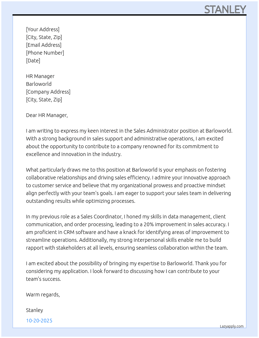 Cover letter for sales administrator - LazyApply