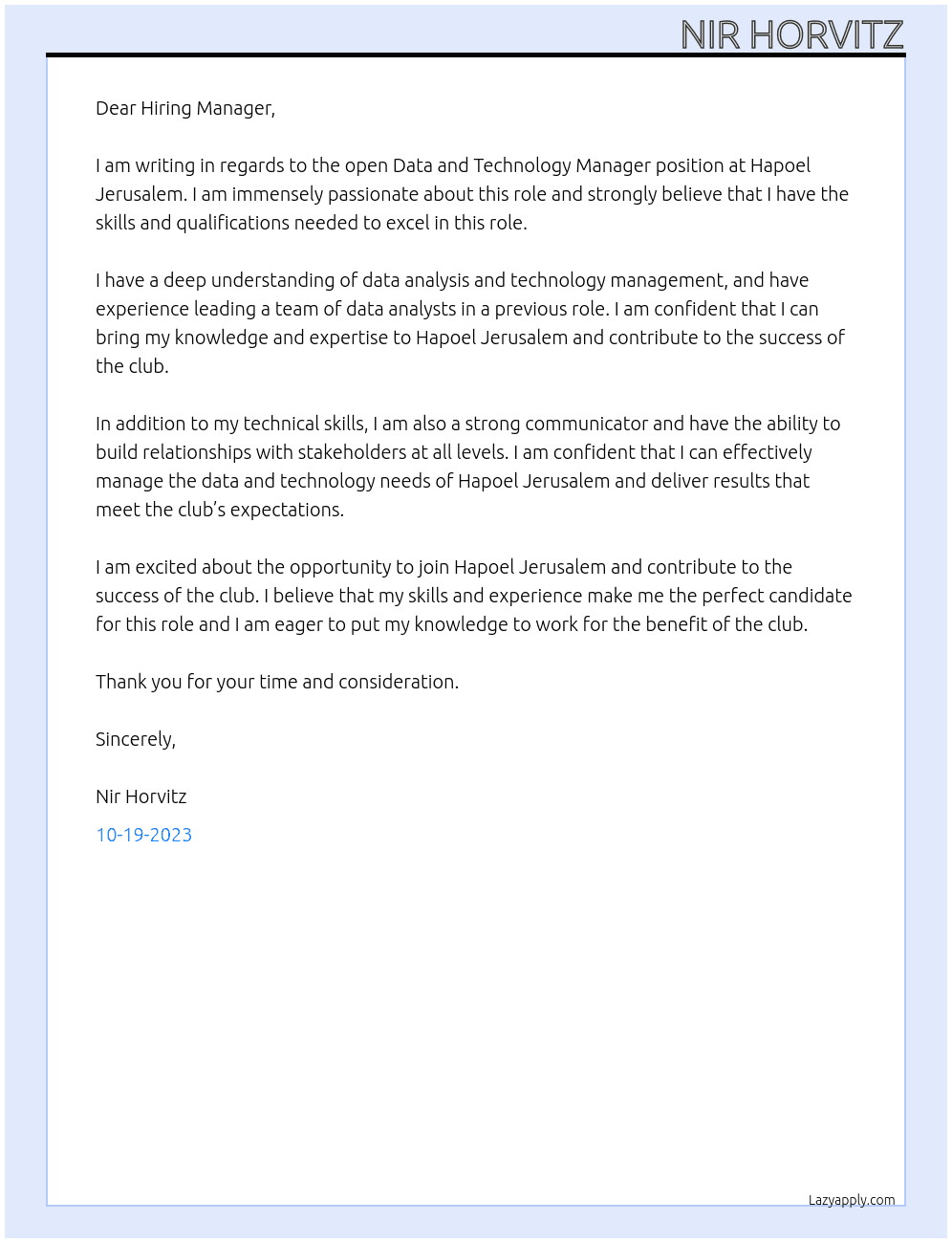 Data and Technology Manager At Hapoel Jeruslaem Cover Letter