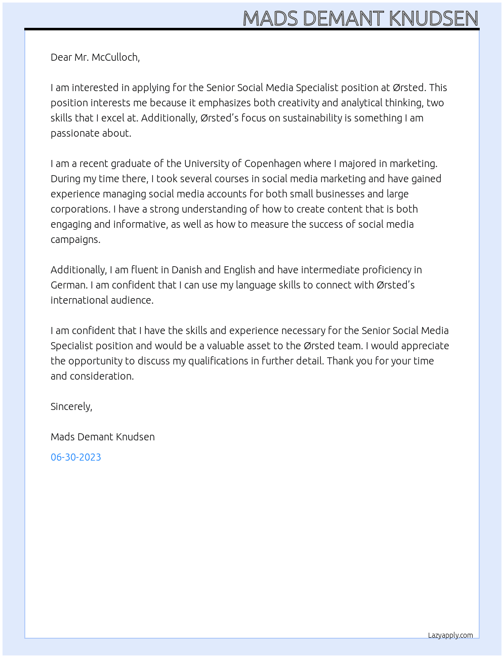 Senior Social Media Specialist At Ørsted Cover Letter