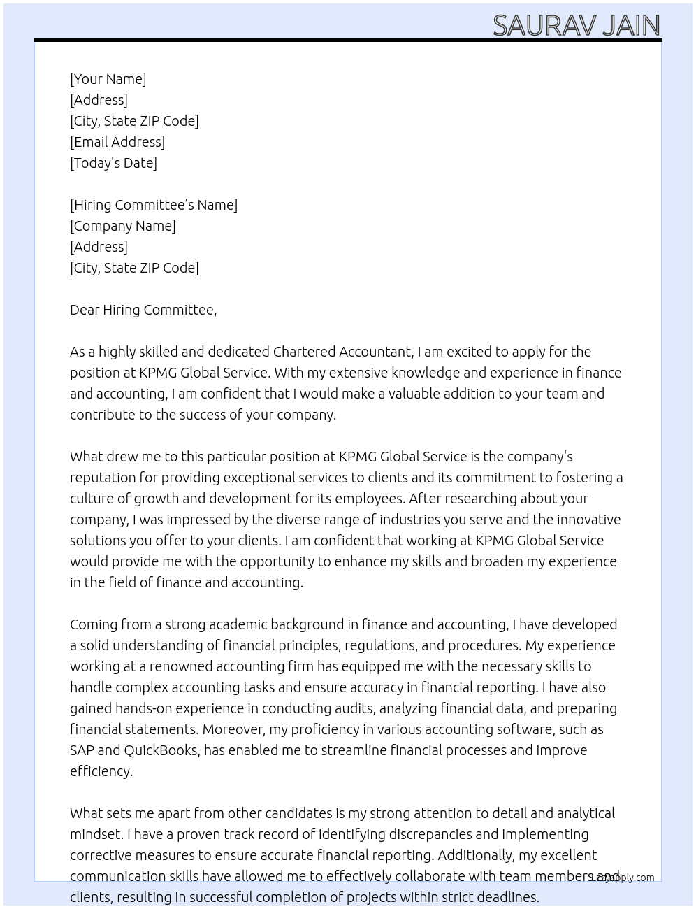 Chartered Accountant At KPMG Global Service Cover Letter