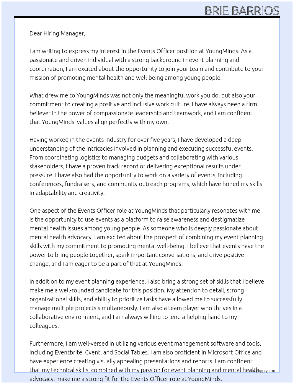 Events Officer At YoungMinds Cover Letter